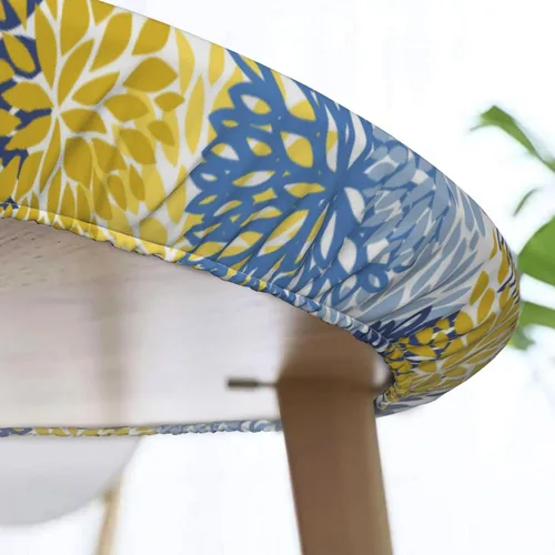Miniatura 5 de Fiokroo Mantel de Flores de Crisantemo Azul, Amarillo y Azul Marino con Borde Elástico, Mantel Redondo Lavable y Reutilizable Cubierta de Mesa