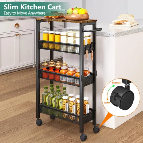 Miniatura 7 de Vivihomety Carrito de Almacenamiento Delgado Utilitario con Ruedas, Carrito Rodante Pequeño de 4 Niveles con Parte Superior de Madera, Carro