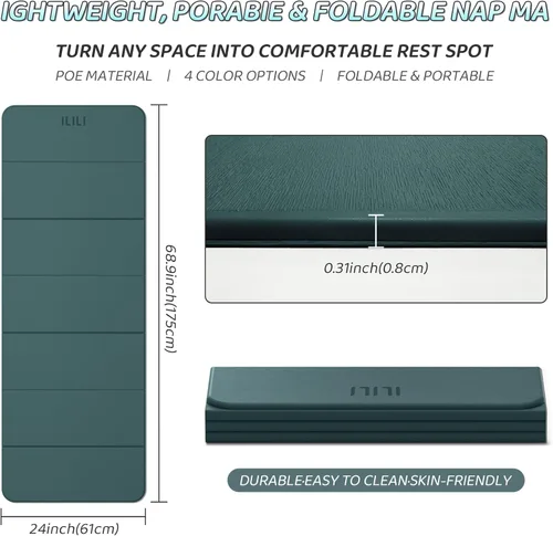 Miniatura 2 de ILILI Esterilla de yoga plegable de 71 x 24 x 0.3 pulgadas, tapete antideslizante de TPE para el hogar, impermeable y ligero (2 libras) para Verde