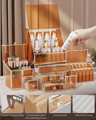Miniatura 5 de Youdepot Organizador de maquillaje extra grande, almacenamiento de cosméticos de vidrio con cajones, organizador apilable de maquillaje y joyas