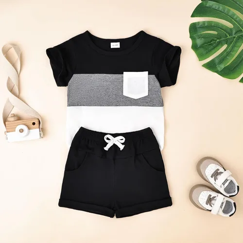 Miniatura 19 de Ropa para bebé niño pequeño, trajes de verano de manga corta, camiseta de retazos y pantalón con bolsillo, conjunto de 2 piezas, 12 meses a 4 años