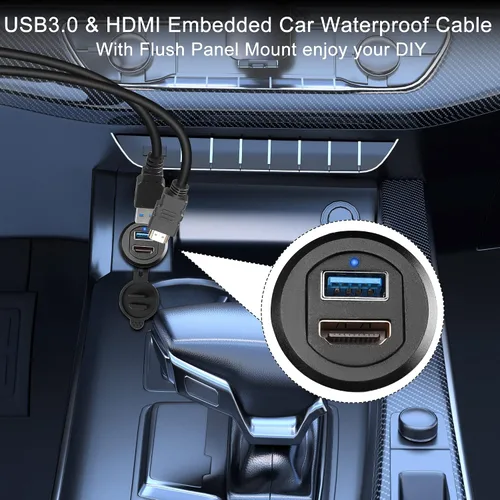 Miniatura 5 de QIANRENON USB3.0 y HDMI - Cable impermeable para automóvil, USB3.0+HDMI 1.4 roscado, cable de extensión de datos de montaje fijo, luz LED, carcasa