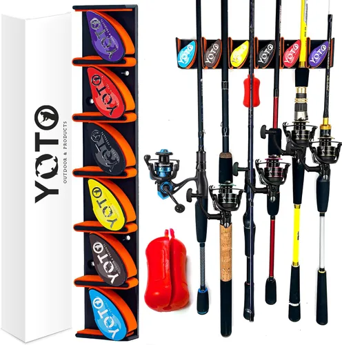 Miniatura 9 de YOTO Soportes verticales para cañas de pescar, 2 unidades, soporte para cañas de pescar montado en la pared con 2 bolas fijas de caña de pescar