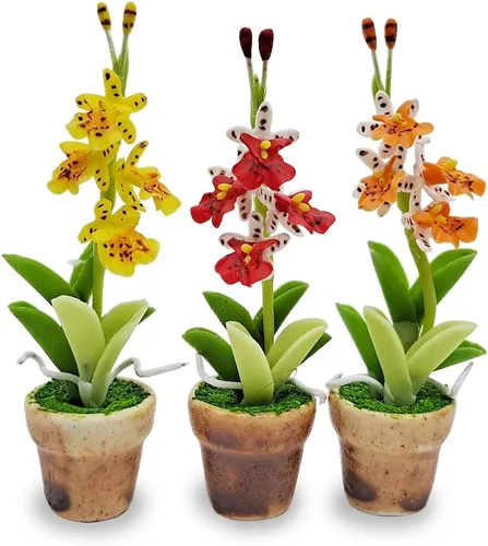 Miniatura 9 de WitnyStore Juego de 3 piezas pequeñas de 2 pulgadas de alto, orquídea amarilla, roja y naranja - Flores artificiales hechas a mano, coloridas