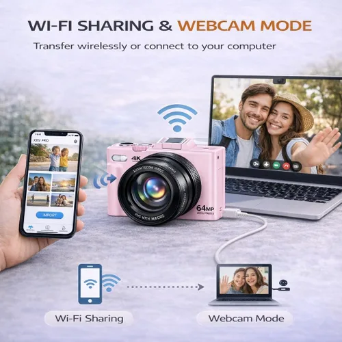 Miniatura 7 de Cámara digital 4K 64MP Vlogger Essentials Kit con trípode flexible, funda de transporte, lente gran angular, pantalla abatible de 180°, WiFi, zoom