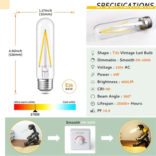 Miniatura 2 de Bombilla LED vintage de 4 W regulable, 2700 K, luz blanca cálida, E26 T10 Edison, equivalente a 40 W, 400 lm, para lámpara colgante de candelabro