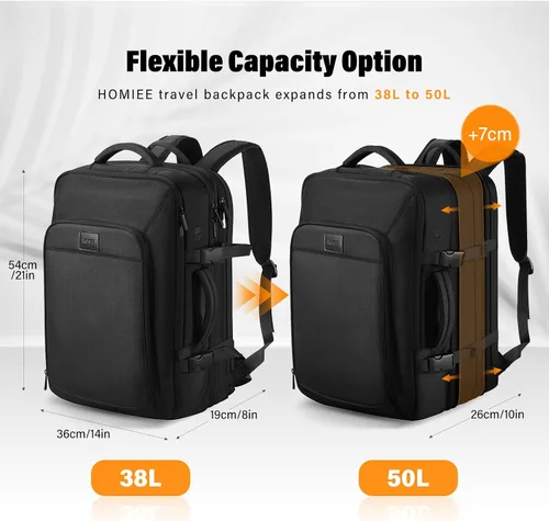 Miniatura 2 de HOMIEE Mochila de viaje de 22 x 14 x 9 aprobada por aerolíneas de 50 L, mochila de viaje extragrande expandible para laptop, color negro