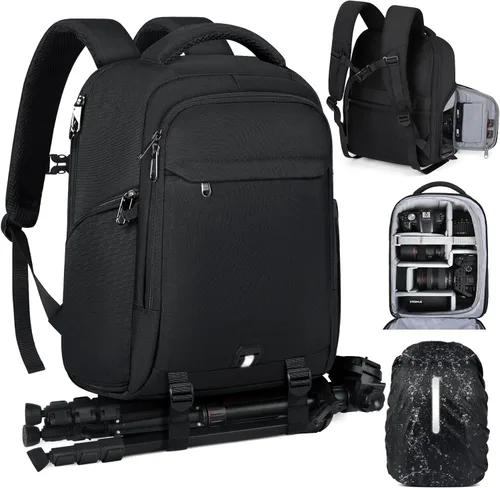 Miniatura 12 de RAINSMORE Mochila para cámara para fotógrafos DSLR SLR SLR sin espejo con cubierta impermeable para lluvia y compartimento para laptop, se adapta a