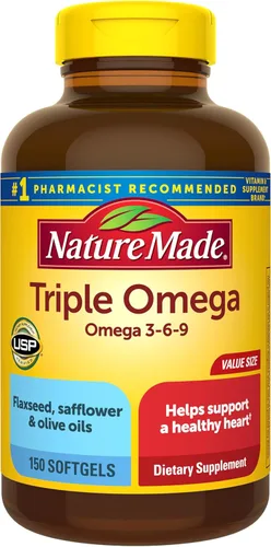 Nature Made Suplementos Triple Omega 3 6 9, aceites de linaza, cártamo y oliva, suplemento de ácidos grasos Omega 3 sin pescado, 150 cápsulas