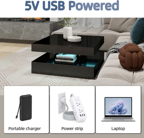 Miniatura 5 de Mesa auxiliar LED para sala de estar, mesa central cuadrada moderna de 2 niveles con luces de sincronización de música, superficie de alto brillo