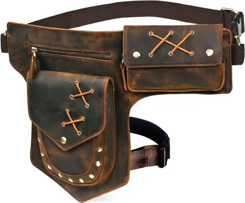 Lona resistente al agua más cuero motocicleta riñonera un hombro gota pierna muslo bolsa para hombres mujeres N211-8, Marrón, Estilo vintage retro