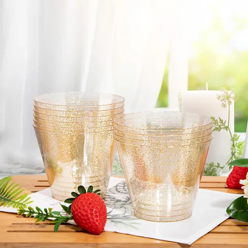 Miniatura 6 de Nervure 120 vasos de plástico con purpurina dorada, vasos de plástico resistentes de 9 onzas, vasos desechables dorados para bodas, Acción