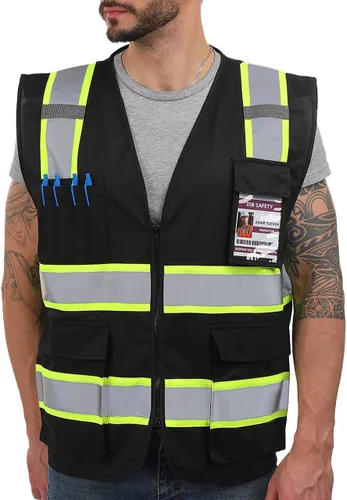 Dib Safety Chaleco reflectante de alta visibilidad con bolsillos y cremallera, negro con ribete amarillo, talla S