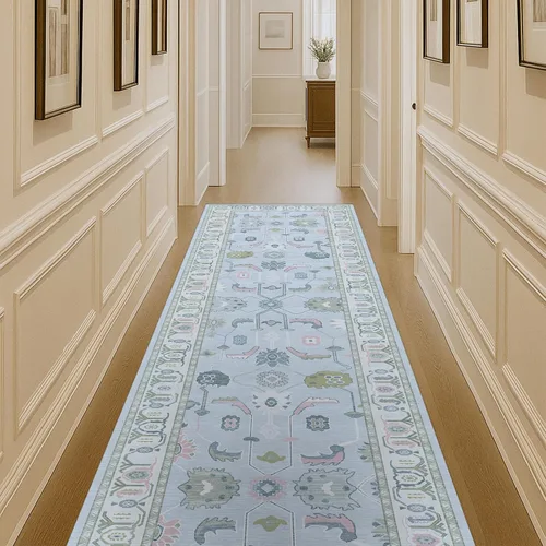 Miniatura 17 de Fame Living Alfombra Oushak Crema Azul, Alfombras Pequeñas Modernas, Vintage, Turca, Ecléctica, Floral, Pastel, Lavable, Tapete para Puerta, Felpudo