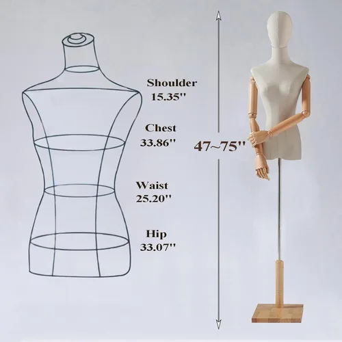 Miniatura 2 de Forma de vestido de torso de maniquí femenino, soporte de maniquí con cabeza, brazos de madera y base para coser ropa, joyas, altura ajustable de 47