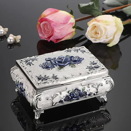 Miniatura 2 de Vintage Jewellery Box,Jewelry Treasure Box,Vintage Metal Small Jewelry Box Trinket Box with Red Flower Pattern, Retro Trinket Storage Box Jewelry