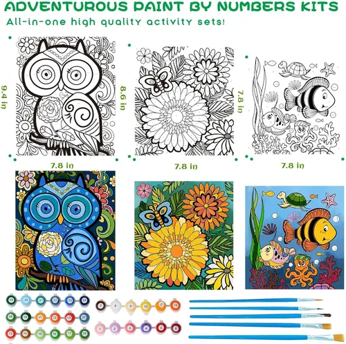 Miniatura 3 de Paquete de 3 pinturas por números para niños de 8 a 12 años, pintura acrílica al óleo preimpresa, incluye lienzo enmarcado