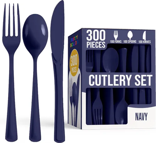 Miniatura 7 de Party Solids - Juego de cubiertos de plástico negro resistente de 300 piezas, cubiertos desechables negros resistentes, juegos de utensilios, 100