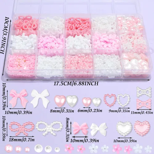 Miniatura 2 de RODAKY 1000 dijes de uñas con lazo, lazo rosa y blanco, corazón, estrella, coqueta, decoración de uñas, cuentas de perlas con parte trasera plana