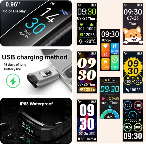 Miniatura 6 de Monitor de actividad con contador de pasos y calorías, cronómetro, frecuencia cardíaca, resistencia al agua IP68, dispositivo de salud con monitor