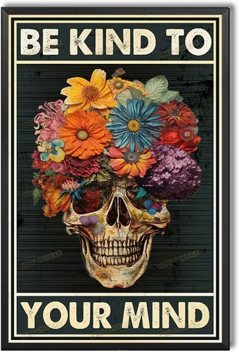 Miniatura 14 de TSEZLOJH Lienzo decorativo para pared, diseño de flores con texto en inglés «Be Kind to Your Mind», diseño retro para tus familiares y amigos, marco