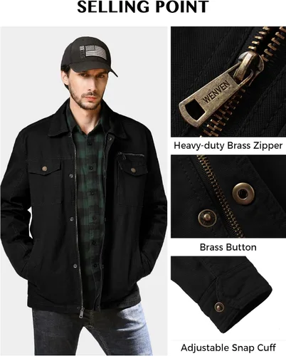 Miniatura 5 de WenVen Chaqueta de solapa militar de algodón de lona casual para hombre
