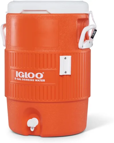 Igloo Bidón para bebidas, de 5 galones, con tapa que sirve como asiento, y válvula para servirse. Naranja