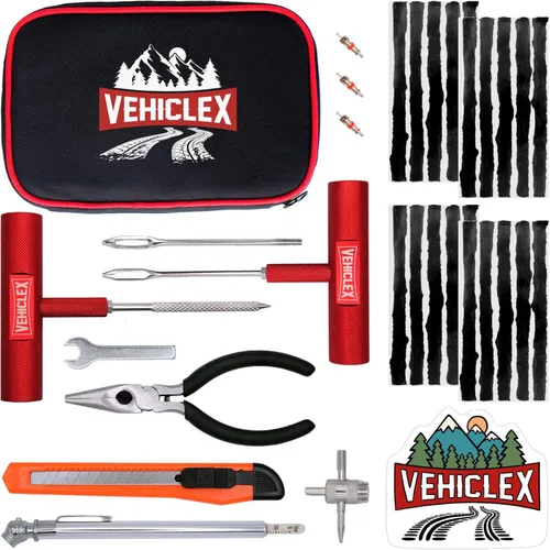 Kit de reparación de neumáticos Vehiclex para tapones y parches con herramientas con mango de aluminio - Kit de emergencia con alicates en bolsa con