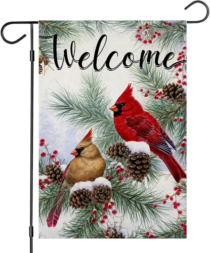 Banderas de jardín de invierno de bienvenida para decoración exterior, bandera de patio pequeño con ramitas de pino cardenal, decoración de Navidad