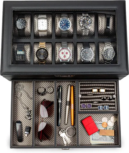 HOUNDSBAY Yachtsman - Organizador de cajas de relojes, organizador de joyas de lujo con cajón, bandeja para anillos y tapa de cristal, gran estuche