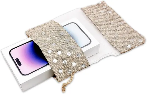 Miniatura 5 de 12 paquetes de grandes bolsas de regalo de arpillera de lino y organza con cordones (16.5x21.5 cm, beige/plata de lunares) - Favores de fiesta