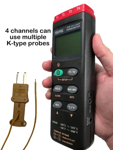 Miniatura 3 de TECPEL DTM-319 Termómetro de registrador de datos de termopar tipo K de cuatro canales fabricado en Taiwán (TPK-01 4 piezas incluidas)
