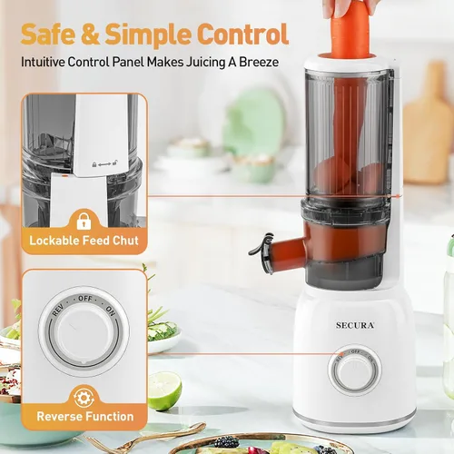 Miniatura 4 de Secura Exprimidor de prensa en frío con punta de acero inoxidable en espiral y filtro sin malla, exprimidor lento con motor silencioso y función