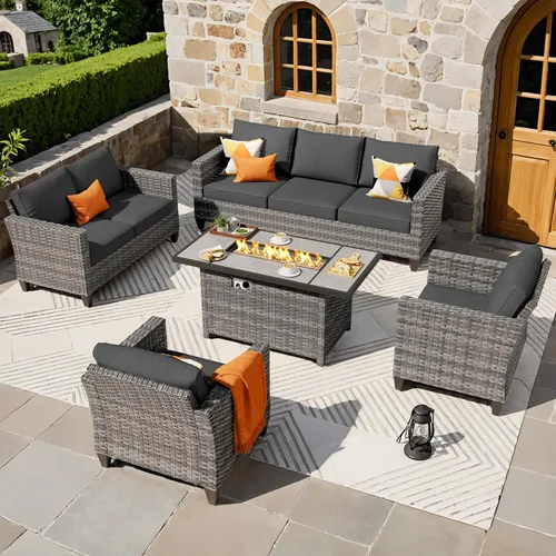 Miniatura 10 de ovios Juego de muebles de patio de 6 piezas, sillas giratorias de mimbre para exteriores con mesa para fogatas de 30 pulgadas, juego de mecedoras