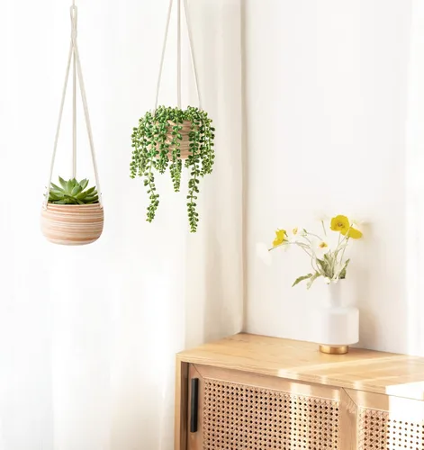 Miniatura 4 de Mkono Maceta colgante de cerámica de macramé de 5 pulgadas, bonita maceta de cactus suculenta con colgador de cuerda de algodón para decoración