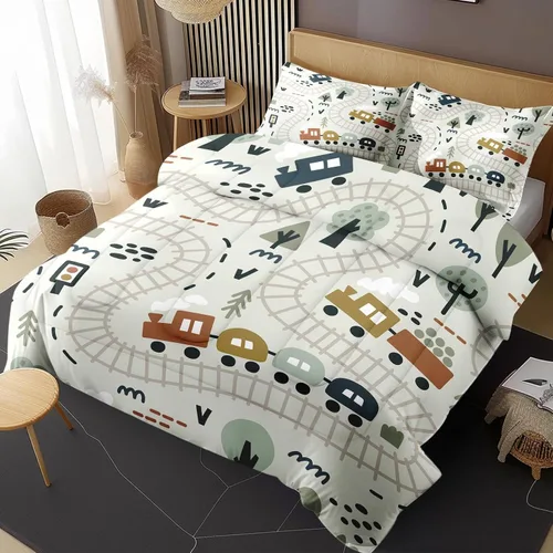 Miniatura 3 de Juego de edredón con funda de almohada tamaño individual, diseño de coche de dibujos animados, tren, mapa de carretera, decoración de cama linda