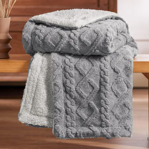 Miniatura 2 de Bedsure Manta de cable Sherpa tamaño individual (gris y beige)