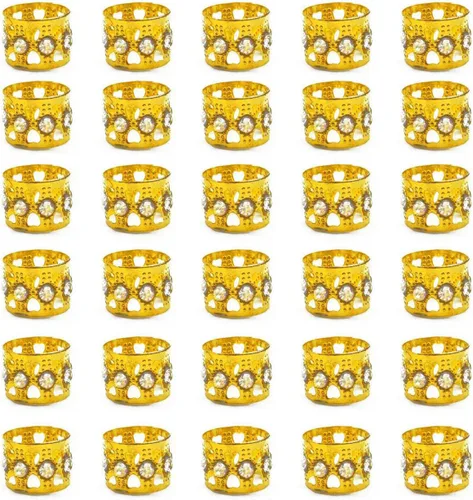 30 accesorios dorados para el cabello, cuentas de rastas de aluminio con diamantes de imitación con puños ajustables, pinzas de metal para el