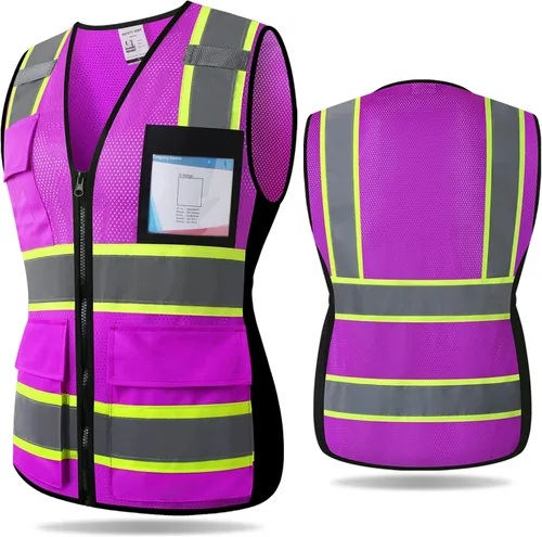 Miniatura 15 de Chaleco de seguridad reflectante para hombres y mujeres con 5 bolsillos y cierre frontal, chaleco de malla de alta visibilidad para construcción