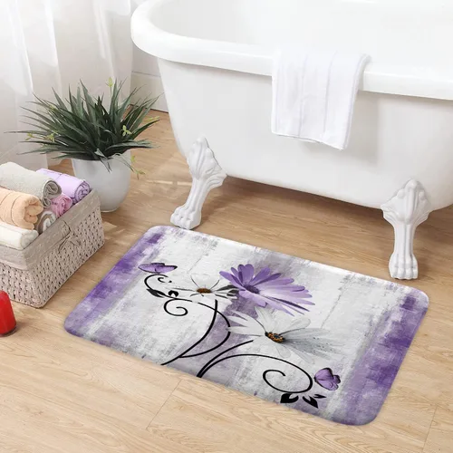Miniatura 4 de Alfombra de Baño Rústica de Granja, Alfombra de Baño de Madera de Campo con Flores de Margaritas Moradas, Mariposas y Estilo Campestre, Alfombra