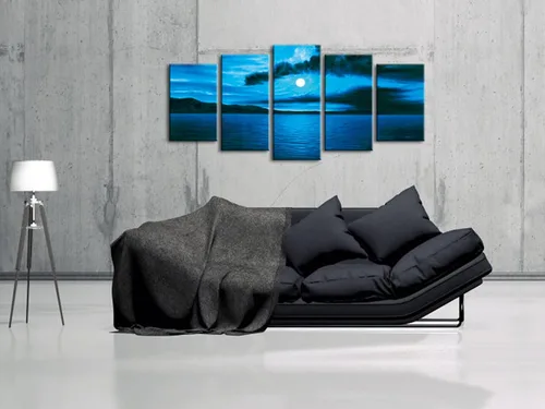 Miniatura 2 de Wieco Art Arte moderno de 5 piezas de lienzo Giclée envuelto en azul oscuro, océano, blanco, sol, arte de pared para sala de estar, dormitorio