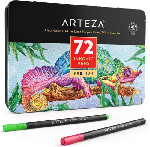 ARTEZA - Plumones Inkonic Fineliners, juego de 72, marcadores de punta fina de 0.4 mm, plumones de arte a base de agua para dibujar, hacer bocetos,