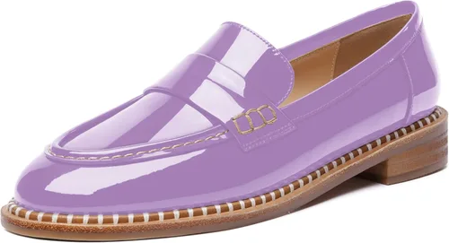 Miniatura 10 de FOGEENA Mocasines de tacón bajo para mujer, estilo casual, puntera redonda, de charol grueso, de 1 pulgada