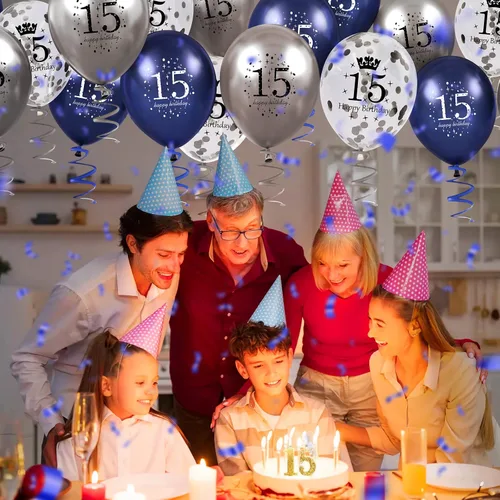 Miniatura 6 de Globos azules de cumpleaños número 15, 15 globos de feliz cumpleaños azul marino y plateado para niño o niña, látex, inflables, confeti