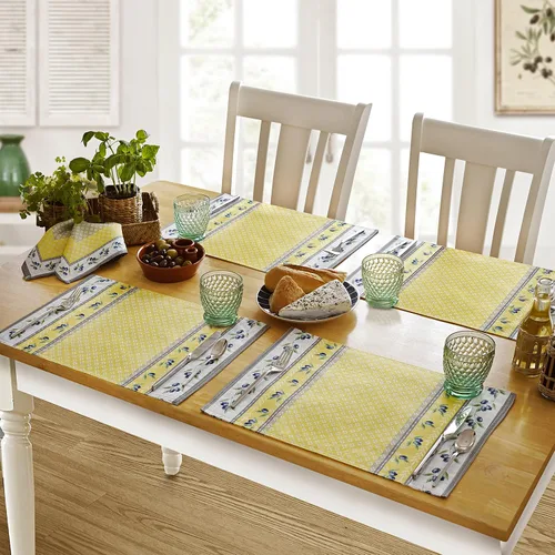 Miniatura 2 de Home Bargains Plus Mantel rectangular de tela, juego de 4 manteles individuales, estampado Olivier amarillo y gris oliva, manteles individuales