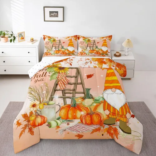 Miniatura 12 de Erosebridal Juego de edredón de gatos lindos para niños, juego de ropa de cama de calabaza y hoja de arce para niñas y niños, juego de edredón