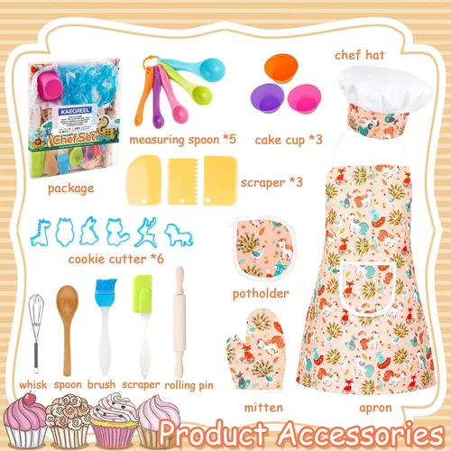 Miniatura 3 de KAEGREEL Juego de chef para hornear para niños con delantal de unicornio y manopla, 26 juguetes de cocina para niños, juego de cocina con sombrero