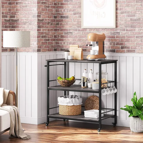 Miniatura 4 de HOOBRO Isla de cocina con almacenamiento, isla de cocina industrial sobre ruedas y recintos laterales, carrito de cocina de 3 niveles con estación