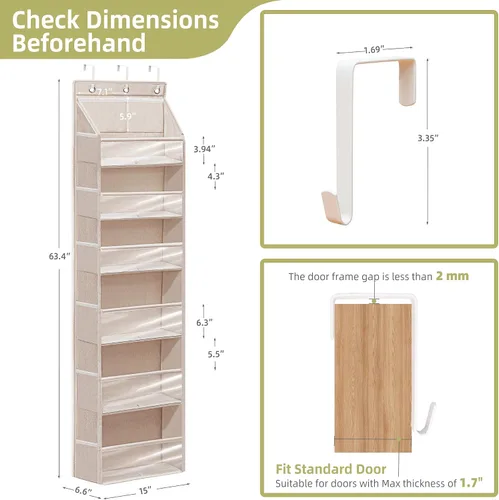 Miniatura 2 de Organizador de puerta con 6 bolsillos extra grandes, 12 bolsillos laterales, estante de almacenamiento resistente para armario, organizador de Beige