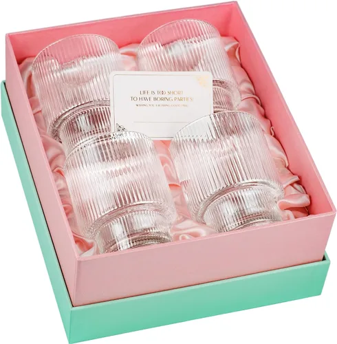 Miniatura 4 de GLASSIQUE CADEAU Vasos de cóctel vintage Art Deco acanalados, juego de 4, vasos dobles de cristal de 12 onzas para beber whisky clásico, ginebra